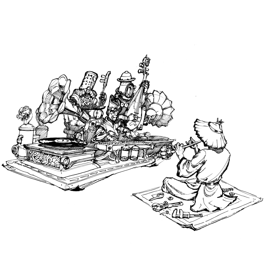 Jing3, conducting an android orchestra — dāshǒu